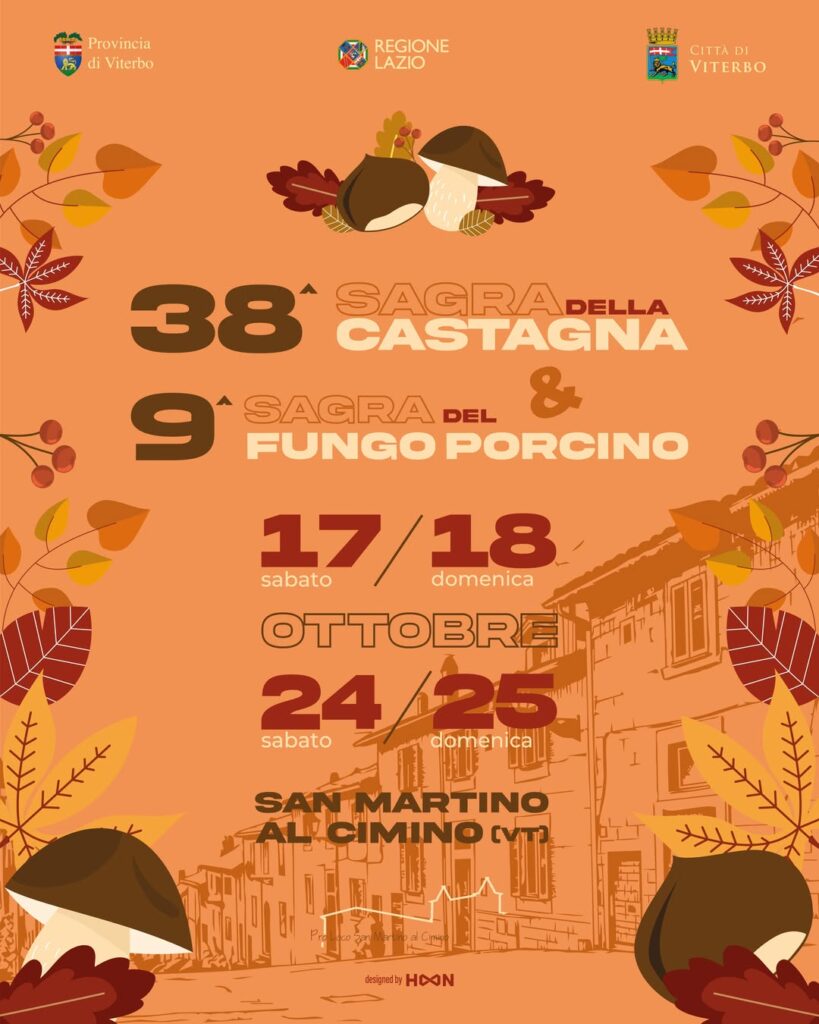 San Martino al Cimino si prepara ad accogliere la 38ª Sagra della Castagna e la 9ª Sagra del Fungo Porcino, in programma il 17 e 18 e il 24 e 25 ottobre 2026. Quattro giornate tra sapori tipici, mercatini, cultura e spettacoli. Il programma completo sarà annunciato prossimamente.