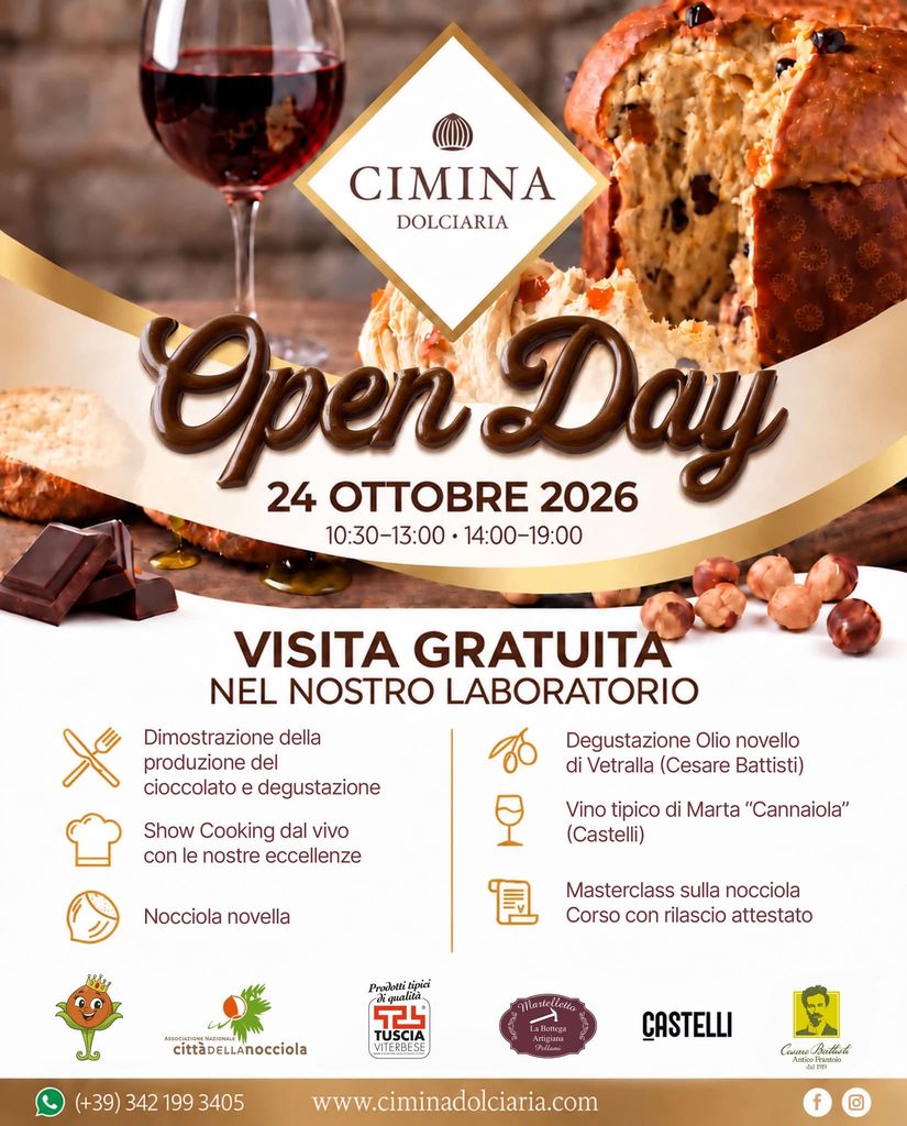 Il 24 ottobre 2026 la Cimina Dolciaria di Capranica apre le porte del suo laboratorio per un Open Day speciale. In programma dimostrazioni di lavorazione del cioccolato, degustazioni e un viaggio alla scoperta delle eccellenze del territorio.