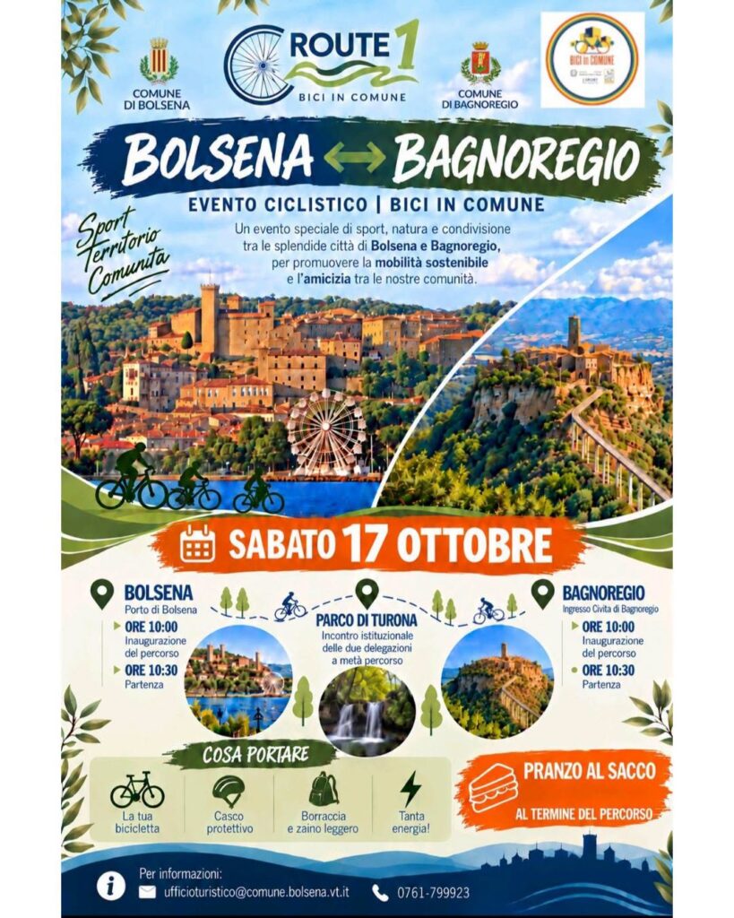 Sabato 17 ottobre 2026, Bolsena e Bagnoregio si incontrano in bicicletta con “Bici in Comune – Route 1”. Due partenze, un unico punto d’incontro al Parco di Turona e una giornata tra sport, natura e promozione della mobilità sostenibile.